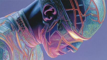 Person with glowing circuitry patterns on skin, illuminated face, digital art