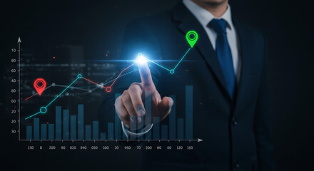 Businessman in suit interacting with a digital graph showing financial growth and success with a touch of his finger.