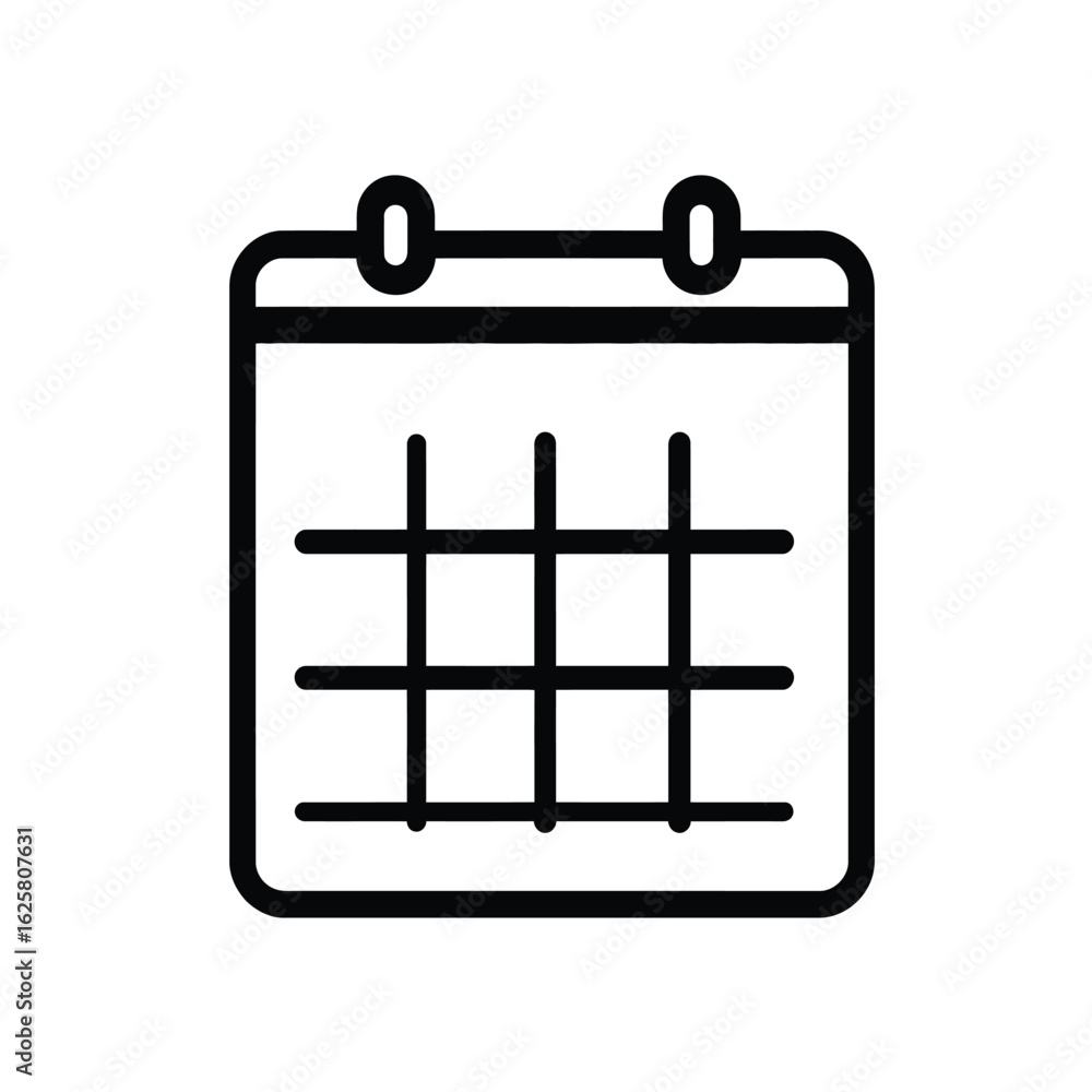 Poster simple calendar icon with rings and grid lines on transparent background
