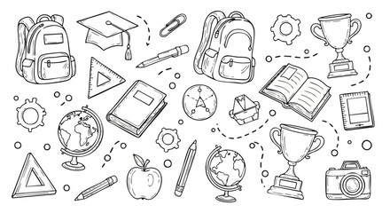 Hand-drawn school doodles illustration. Featuring school supplies like a backpack, books, globe, and trophies. Perfect for back-to-school designs, educational materials, and creative projects