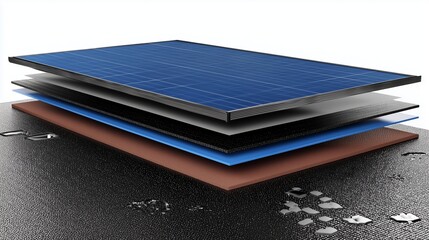 Cross-section diagram of a solar panel showing photovoltaic layers and energy flow, 3D render style