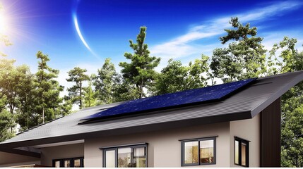 Modern solar panel system installed on a smart home rooftop under clear blue sky, realistic lighting