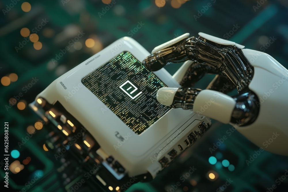 Poster a robotic hand interacts with a sophisticated circuit board, highlighting the convergence of technol
