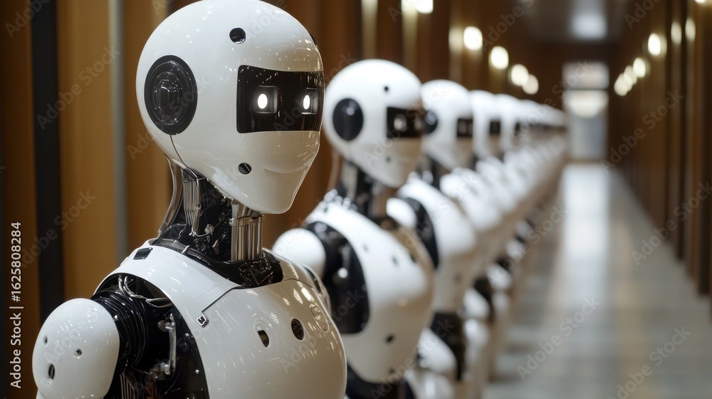 Aufkleber a lineup of humanoid robots in a sleek, modern setting showcases the advancements in technology and 