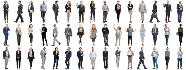 Set of business people in various actions on isolated background. Businesspeople, businesswomen, businessmen office worker in full body length studio professional shot in casual and formal wear