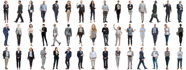 Set of business people in various actions on isolated background. Businesspeople, businesswomen, businessmen office worker in full body length studio professional shot in casual and formal wear