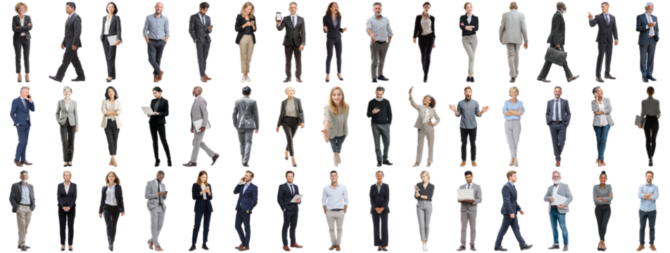 Set of business people in various actions on isolated background. Businesspeople, businesswomen, businessmen office worker in full body length studio professional shot in casual and formal wear - Powered by Adobe