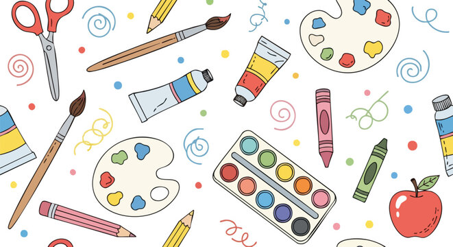 Vibrant, seamless pattern of colorful hand-drawn art and school supplies like pencils, paints, scissors, and crayons. Playful doodles and dots are scattered on a white background