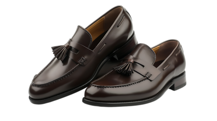 Elegant brown leather tassel loafers isolated on transparent background, a classic and stylish footwear choice for men, perfect for formal occasions and adding a touch of sophistication