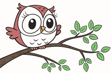 Fototapeta premium Adorable cartoon owl in vector format, big eyes, minimalistic style, flat color palette, perched on branch
