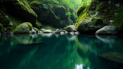 Serene Mossy Rock Pond with Crystal Water &ndash; Tranquil Nature Photography