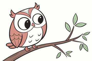 Fototapeta premium Adorable cartoon owl in vector format, big eyes, minimalistic style, flat color palette, perched on branch