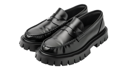 Stylish black leather lug sole loafers isolated on transparent background, a modern and fashionable footwear choice for men, perfect for adding an edgy touch to any outfit