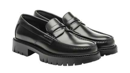 Modern black leather lug sole loafers isolated on transparent background, a stylish and versatile footwear choice for men, perfect for adding a touch of sophistication to any look
