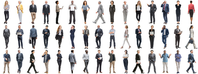 Set of business people in various actions on isolated background. Businesspeople, businesswomen, businessmen office worker in full body length studio professional shot in casual and formal wear