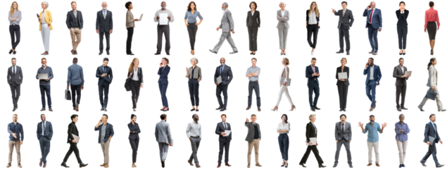 Set of business people in various actions on isolated background. Businesspeople, businesswomen, businessmen office worker in full body length studio professional shot in casual and formal wear