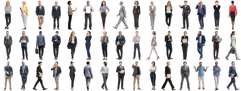 Set of business people in various actions on isolated background. Businesspeople, businesswomen, businessmen office worker in full body length studio professional shot in casual and formal wear