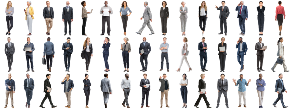 Set of business people in various actions on isolated background. Businesspeople, businesswomen, businessmen office worker in full body length studio professional shot in casual and formal wear