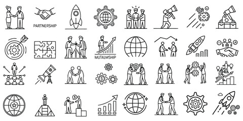 Business Collaboration Partnership and Teamwork Icon Set for Success and Growth Strategies in Corporate Environment and Global Connections