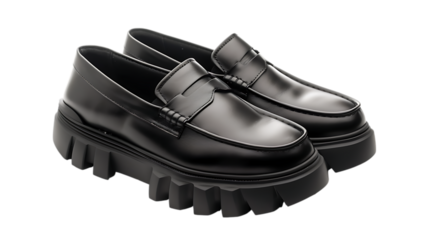 Elegant pair of black leather loafers with thick lug soles isolated on transparent background, perfect for adding a touch of style and sophistication to any outfit