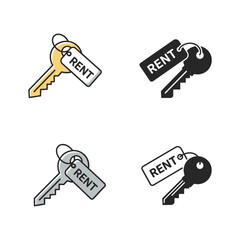 Four different styles of keys with rent tags representing real estate rental and property leasing concepts