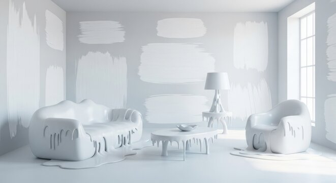 Surreal white room with melting furniture and artistic brushstrokes on the walls.