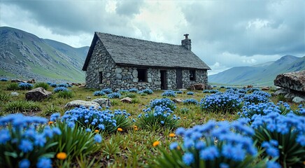 Slate Roofed Cottage in Wildflower Field Against Rugged Mountain Backdrop