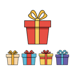 Collection of four colorful gift boxes with ribbons and bows on a white background