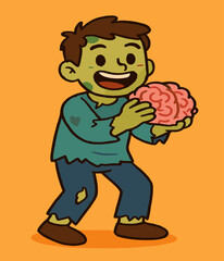 Excited zombie boy holding a pink brain, smiling wide in a cute cartoon style with a funky vibe and orange background.