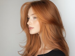 Naklejka premium Synthetic hair wig in fiery red, styled in dramatic waves, glowing softly under a spotlight