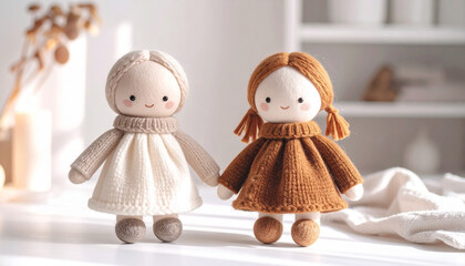 Two handmade dolls made of cotton and felt, placed side by side on a white background with soft shadows, balanced composition and warm lighting