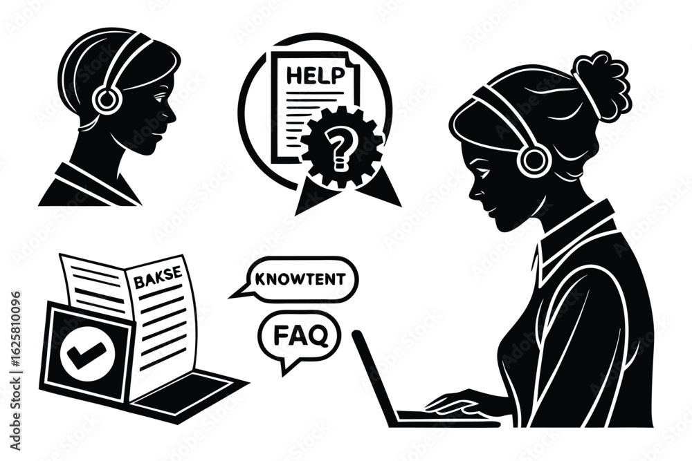 Poster customer support and faq vector illustration with helpline and knowledge base concepts in black and 