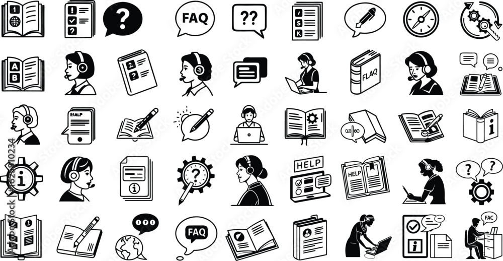 Poster collection of customer support icons and symbols for help and information resources various customer