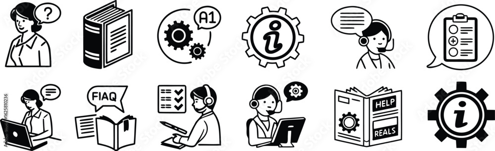 Poster set of customer support vector icons for business help and faq knowledge base resources assistance a