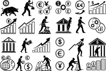 Diverse black and white financial investment icons showcasing global markets and economic growth opportunities