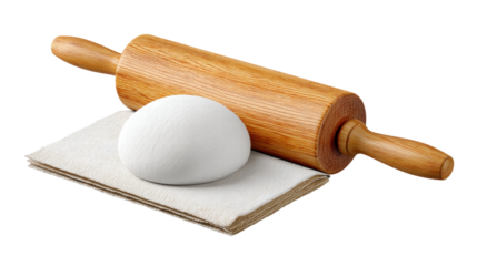 Wooden rolling pin isolated on transparent background with dough on cloth for baking