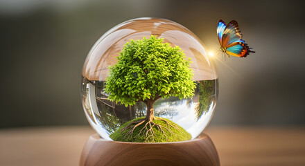 A clear glass sphere encasing a tiny tree, with a butterfly fluttering beside it — representing the theme of environmental preservation
