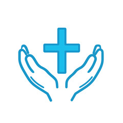 Obraz premium Teal Cross Sign Above Cupped Hands on Transparent Background Iconography Design