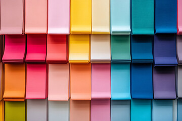 Colorful display of paint swatches in a rainbow gradient arrangement with folded samples
