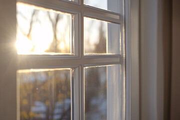 Close-up of window pane with warm sunlight shining through and soft focus outdoor background
