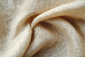 Close-up of beige burlap or linen fabric with coarse woven texture and natural folds
