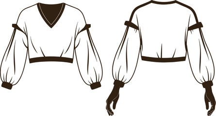 Flat vector cad drawing of cropped V-neck top with puffed sleeves, arm bands, wrist cuffs, fashion blouse illustration sketch