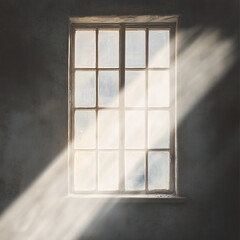 Sunlight streaming through vintage window casting warm light beams onto dark textured interior wall
