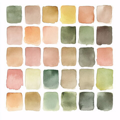 Watercolor swatch palette with earthy and pastel tones arranged in a soft grid on white background
