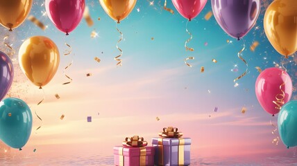 Obraz premium Festive Birthday Celebration with Balloons and Gifts in a Vibrant Setting