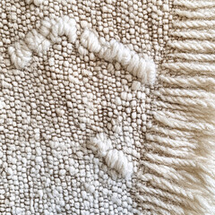 Close-up of textured beige and white woven wool rug with fringe and geometric pattern
