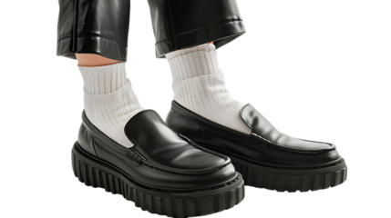 Elegant black leather loafers with white socks isolated on transparent background, a stylish and fashionable footwear choice for a trendy and luxurious look