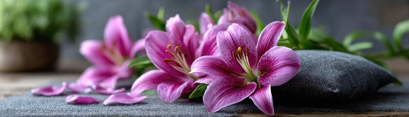 Lily breeze with cushion carpet concept. Elegant pink lilies adorned with smooth stones for a calming scene.