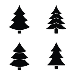 Four stylized black silhouette christmas trees on a white background representing winter holidays and nature