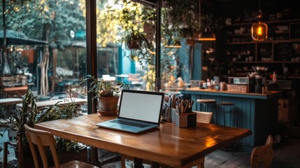 A laptop with a blank screen sits on a wooden table in a cafe. Use this image to add your own text or design. It includes paths to easily change the background and screen.
